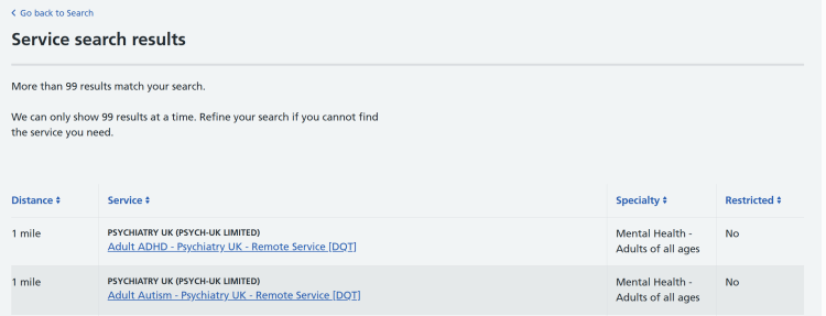 service search results